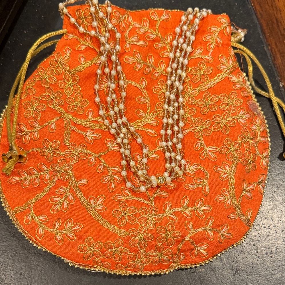 Embroidered Orange Drawstring Bag